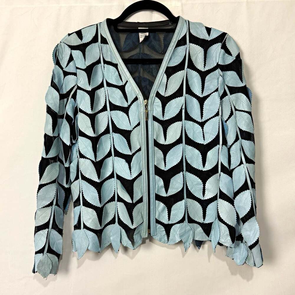 Women's Genuine Leather Blue Sheer Full Zip Jacket Long Sleeve Sz XL